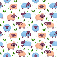 Vector Pattern With Blue And Pink Sheep And Leaves