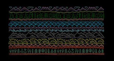 Poster - Abstract Nature Pattern Frame for your design. Forest and Mountain icons. Ethnic style