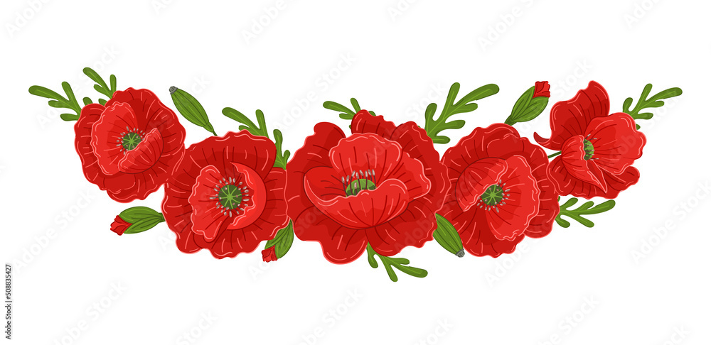 Vector bouquet with red poppies on a white background. Beautiful summer ...