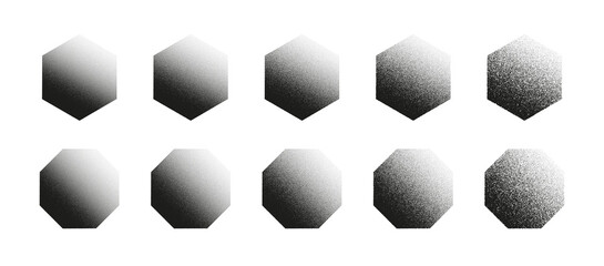 Wall Mural - Polygons Abstract Hexagon And Octagon Hand Drawn Stipple Dotwork Vector Set In Different Variations Isolated On White. Various Degree Black Noise Dotted Figures Design Elements Texture Collection