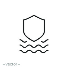 Anti Washing Off Icon, Water Resistant Coating, Shield And Waves Water, Does Not Washed, Thin Line Symbol On White Background - Editable Stroke Vector Illustration