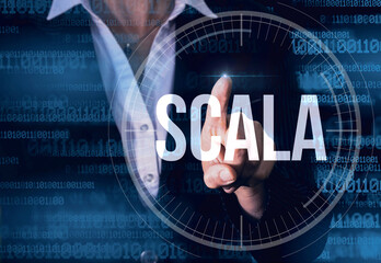 Wall Mural - business woman with finger pressing scala button on virtual screens. modern technology concept.