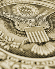 Wall Mural - 1 us dollar. fragment of banknote. reverse of bill with the great seal. the bald eagle is the nation