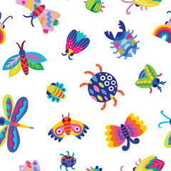 Wall Mural - Seamless pattern with beetles, spiders, moths and butterflies in cartoon style