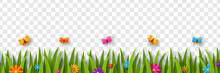 Beautiful Daisy Field Isolated On Transparent Background. Vector Illustration. Paper Cut Style Spring Flowers Pattern And Grass Seamless Border Header. Place For Text. Colorful Flying Butterfly