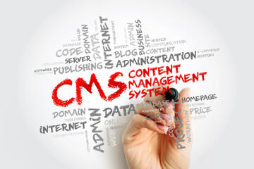 CMS - Content Management System word cloud with marker, business concept background