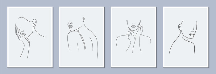 Wall Mural - Set of minimalistic female portraits. Linear female bodies, faces. Modern abstract line art style. Vector illustration. 