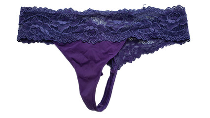 Worn female underwear isolated. Luxury elegant lace purple worn women's panties, closeup, isolated on white background. Fashion for underwear