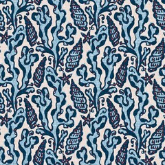 Indigo Blue Seashell nautical seamless pattern. Modern marine shell print in classic nantucket fabric textile hand drawn block print style. Summer 2 tone high contrast jpg tile swatch