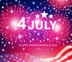 Wall Mural - Happy Independence Day, 4th of July US national holiday. Festive greeting card, invitation with fireworks in USA flag colors. Web banner. Vector