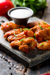 Poster - Buffalo chicken wings with green onion on the board extreme macro close up vertical