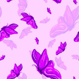 Fototapeta Motyle - Watercolor pattern purple butterfly on a pink background for your seamless design, hand drawn illustration