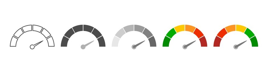 Meter scale with arrow. The measuring device icons set. Sign tachometer, speedometer, indicators. Illustration in flat style. Infographic gauge elements