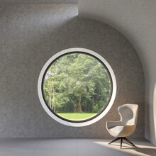 Modern Loft Style Living Room With Circle Shape Window 3d Render,polished Concrete Floors. Decorated With Gray Fabric Furniture Natural View Get Sunlight Into The Room