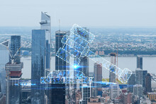 Aerial Panoramic City View Of West Side Manhattan And Hudson Yards District At Day Time, NYC, USA. Glowing Hologram Legal Icons. The Concept Of Law, Order, Regulations And Digital Justice