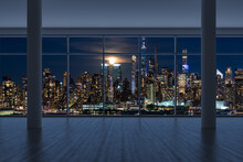 Midtown New York City Manhattan Skyline Buildings From High Rise Window. Beautiful Expensive Real Estate. Empty Room Interior Skyscrapers View Cityscape. Night Time. West Side. 3d Rendering.