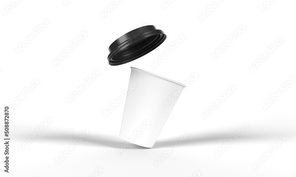 Tilted over recycle-able white paper cup with black plastic lid ...