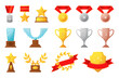 Victory cup set. Golden graphic elements, award win objects. Gold, silver or bronze medals. Triumph shield with ribbon. Tournament rewards, vector first place symbol, champion prize