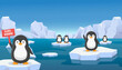 penguins holding global warming banner standing on floating ice at arctic ice landscape