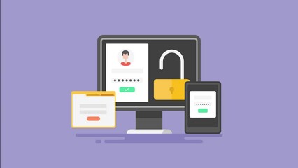 Wall Mural - data protection, user putting password to login page and getting easy access to online data on digit