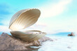 Platform and podium luxury pearl shell on the rocks by the sea amidst natural atmosphere in the morning or sunset light hits the sparkling water waves. cosmetic and beauty products. 3D Illustration.
