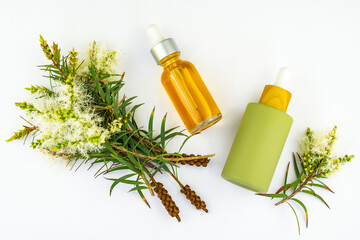 Wall Mural - Two cosmetic bottles with oil and fresh tea tree branch on a white background. Tea tree oil (Melaleuca alternifolia)