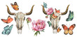 Watercolor botanical set with illustrations of a bull skull with a peony on its head surrounded by colorful butterflies