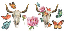 Watercolor Botanical Set With Illustrations Of A Bull Skull With A Peony On Its Head Surrounded By Colorful Butterflies
