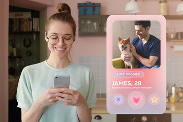 millennial girl chatting with guy in dating app on phone in kitchen