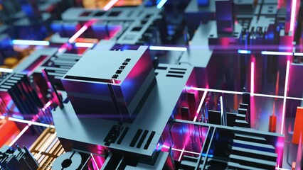 Wall Mural - connection microchip network futuristic design abstract - digital research technology neon glowing 3