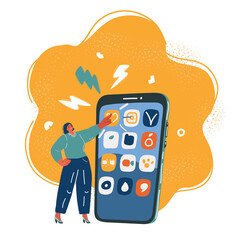 Vector illustration of woman are standing near big mobile app symbol and using her smartphone