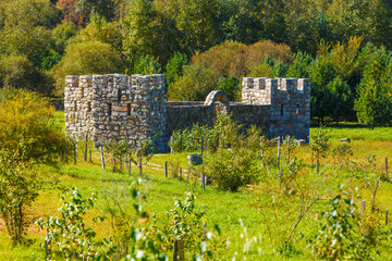 Poster - Stone medieval fortress in a green field.