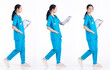 Full length 20s young Mix Race hospital nurse Woman, walking forward left right step