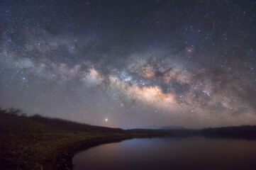 Wall Mural - milky way galaxy moving over the mountain ridge and lake. night lapse from night to day. starry nigh