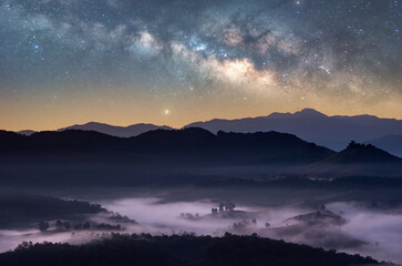 Wall Mural - beautiful views and night sky with the milky way galaxy, (baan jabo), mae hong son, baan jabo one of