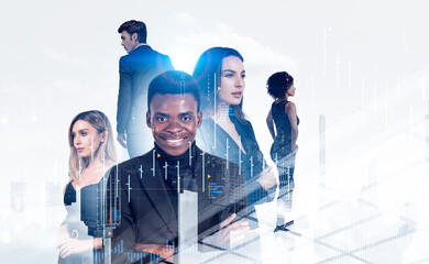 Poster - Business people in company, financial hud with candlesticks, skyscrapers