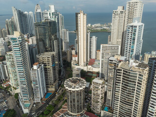 Wall Mural - Panama City: Aerial view of hotels and condo towers in the Punta Paitilla luxury residential district in Panama city in Central America.