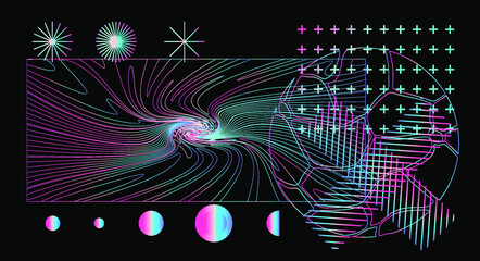 Wall Mural - abstract geometric background with holographic colorful wavy and glitched lines.