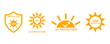 Uv protection vector icons set. Protection from sun radiation and ultraviolet. Shield from sun. UV logo.