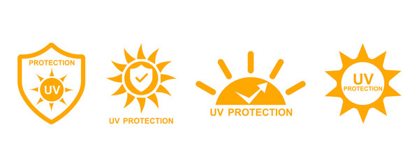 Uv protection vector icons set. Protection from sun radiation and ultraviolet. Shield from sun. UV logo.