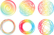 Colorful Dashed Random Concentric Line Circles. Bright Multicolored Circles, Spheres And Round Shapes. Color Scribble Line Elements. Tangled Background For Creative Color Labels Or Vibrant Frames.