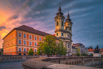 Wall Mural - Catholic church view from the bridge at dawn, Eger, Hungary