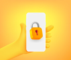 Poster - Cute comic hand with lock icon on smartphone. 3d vector illustration