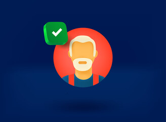 Poster - Old man avatar with checkmark icon. 3d vector illustration