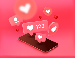 Aufkleber - Social media notification bubbles with hearts flying to modern smartphone. 3d vector concept