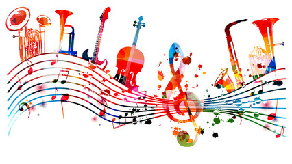 Wall Mural -  Colorful musical instruments bundle with musical notes and clef isolated vector illustration. Instruments collection poster for live concert events, music festivals, shows, performances, party flyer	