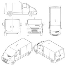 Set With Outlines Of A Van From Black Lines Isolated On A White Background. Front View, Isometric. Side, Top, Back. Vector Illustration.