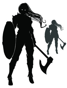 A black silhouette of an elegant warrior girl in armor with a round shield, hair fluttering in the wind and a large axe. 2d art
