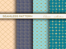 Set Of Seamless Classic Patterns Of Gold Weaving Of Different Color Palettes For Texture, Textiles, Simple Background And Creative Design