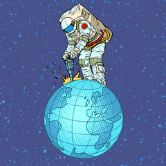 An astronaut with a jackhammer extracts natural resources from the planet earth. World economy, cosmonautics. Global Business